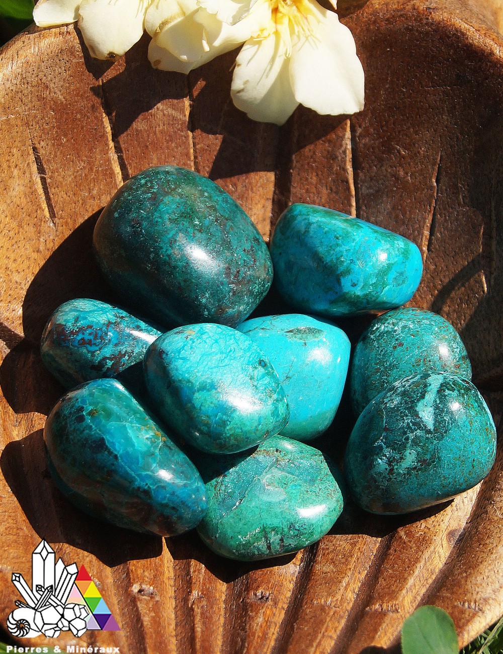 Chrysocolle Pérou pierre naturelle roulée chakra cœur 25mm lithothérapie -  Escale Sensorielle