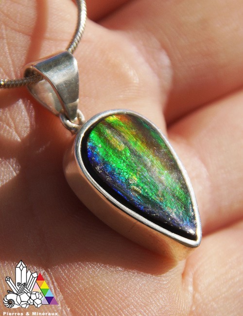 Pendentif En Ammolite (fossile) Fait Main - Pierre Multicolore, Monture Laiton Argenté - Longueur 2,3 Pouces